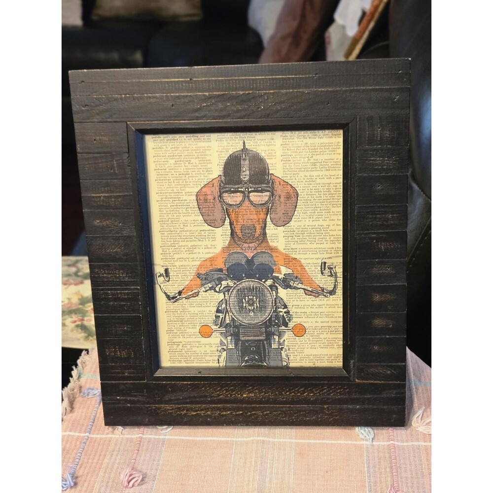 Dashschund on Motorcycle Wall Art Framed, Spike‎ Helmet, Dictionary Background